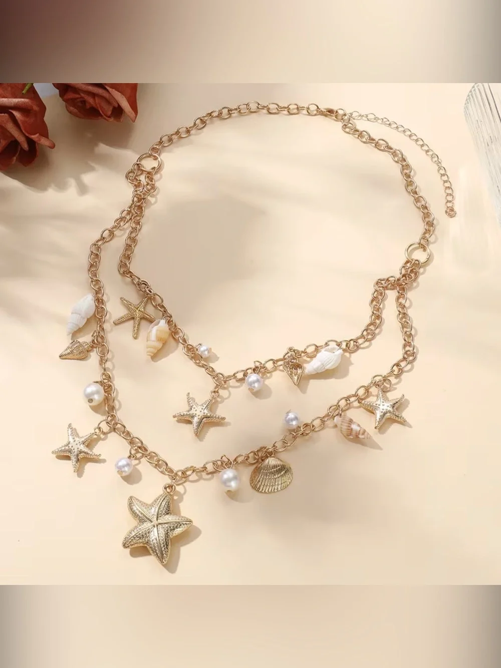 Gold Toned Seashell & Starfish Layered Necklace with Pearls